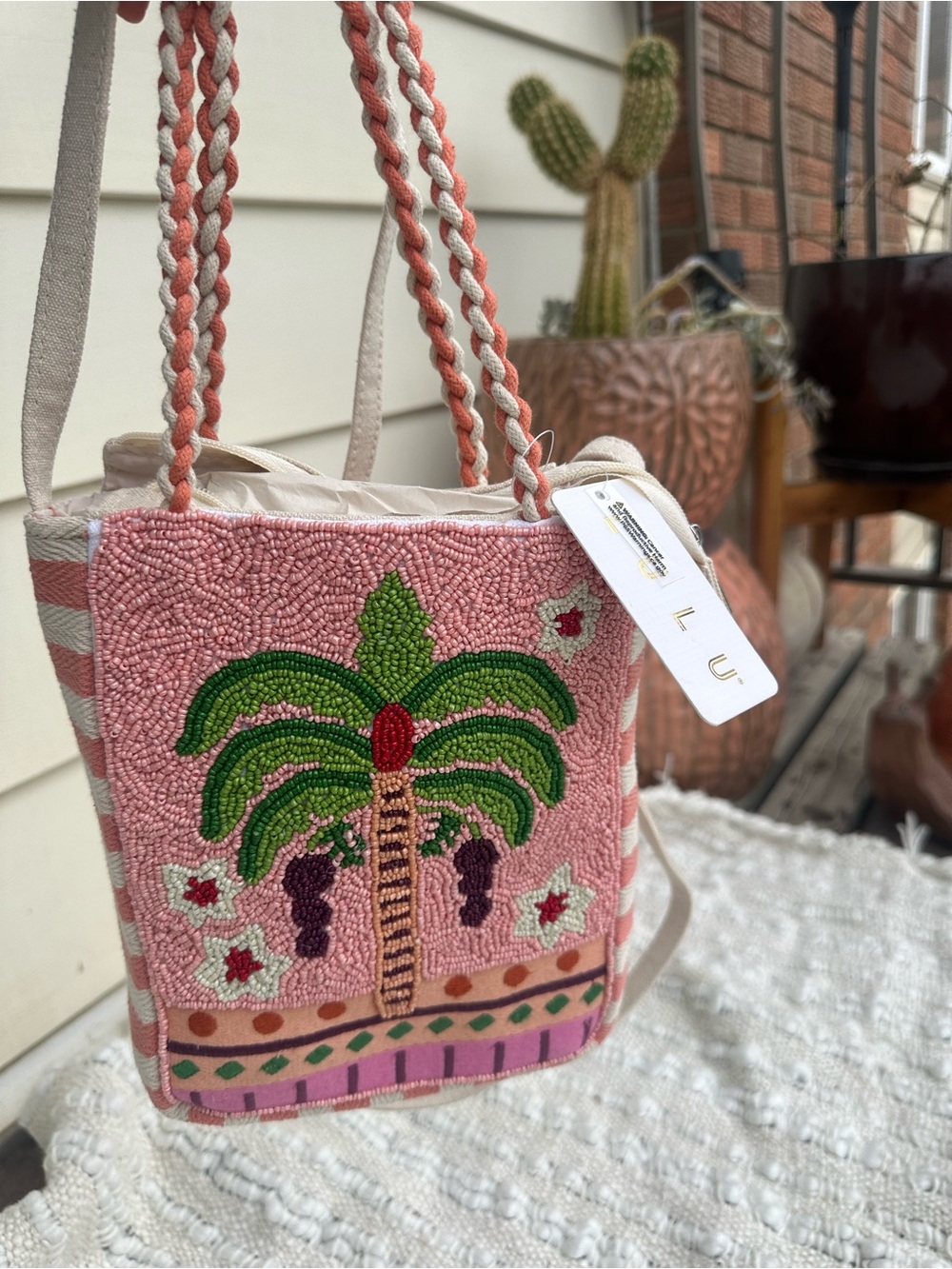 Pink Beaded Palm Tree Tote Bag - Women's Beach Shoulder Bag NEW W TAGS